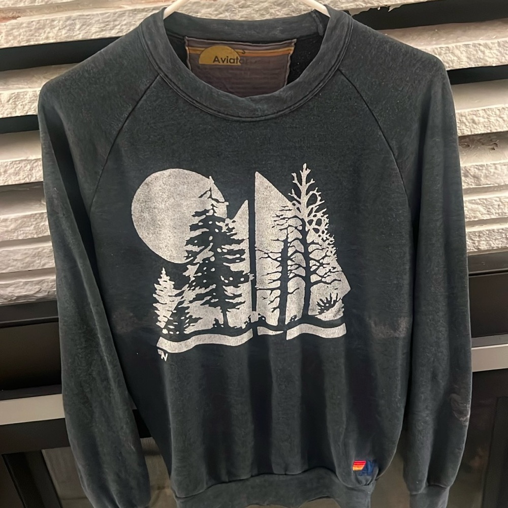 Aviator Nation dark blue crew neck sweatshirt with moon and trees